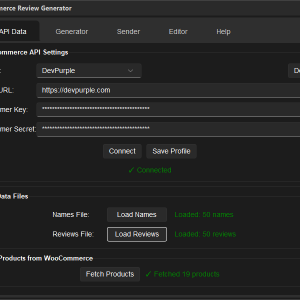 Review Generator - connecting a WooCommerce store with API credentials and loading product data