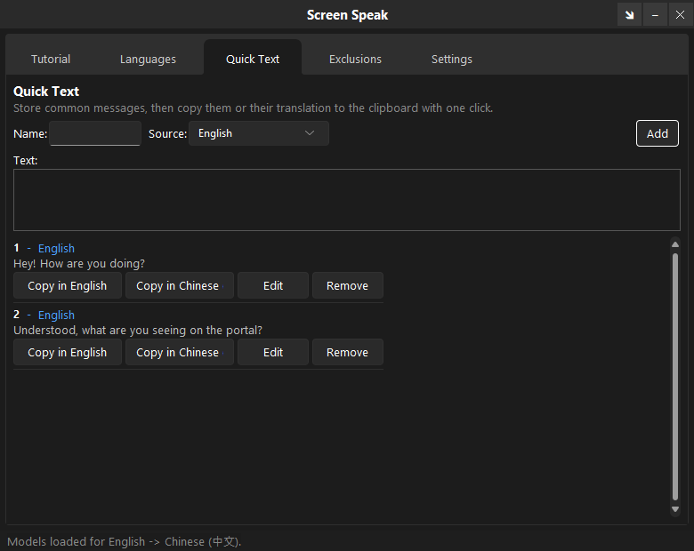 Screen Speak - Quick Text phrases saved for one click copying or translation