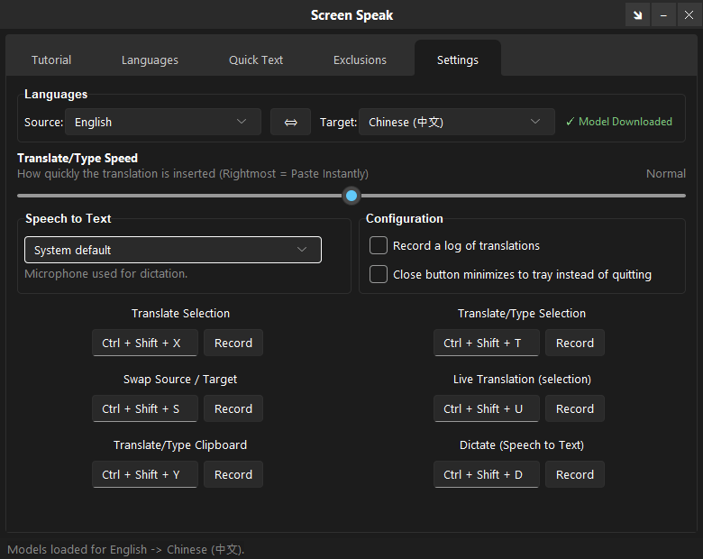Screen Speak - language and hotkey settings for translation and dictation